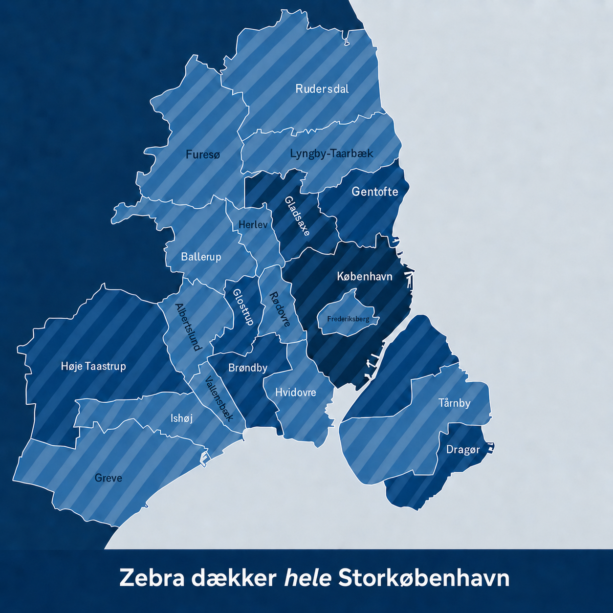 Kort over Zebra Ejendomsservices dækningsområde i Storkøbenhavn